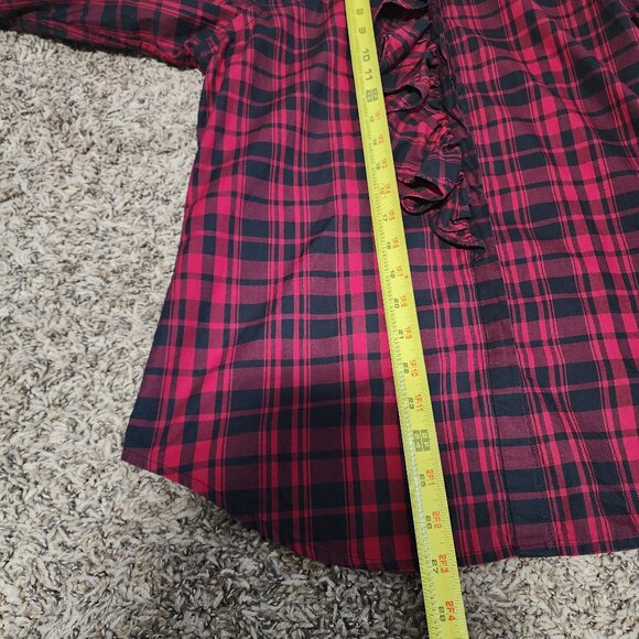 Ralph Lauren Buffalo Plaid Ruffle Shirt Top Button Long Sleeve M Red Holiday - Picture 7 of 9